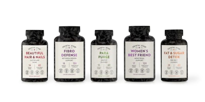 Supplement maker Crystal Star pairs strong typefaces with clean, bright colors for the product names on its bottle labels.