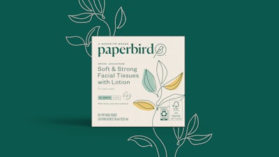 To extend the lightness and approachability of the brand, Pearlfisher paired each Paperbird product with descriptive copy. For facial tissue with lotion, it reads, 'for rosey noses.'