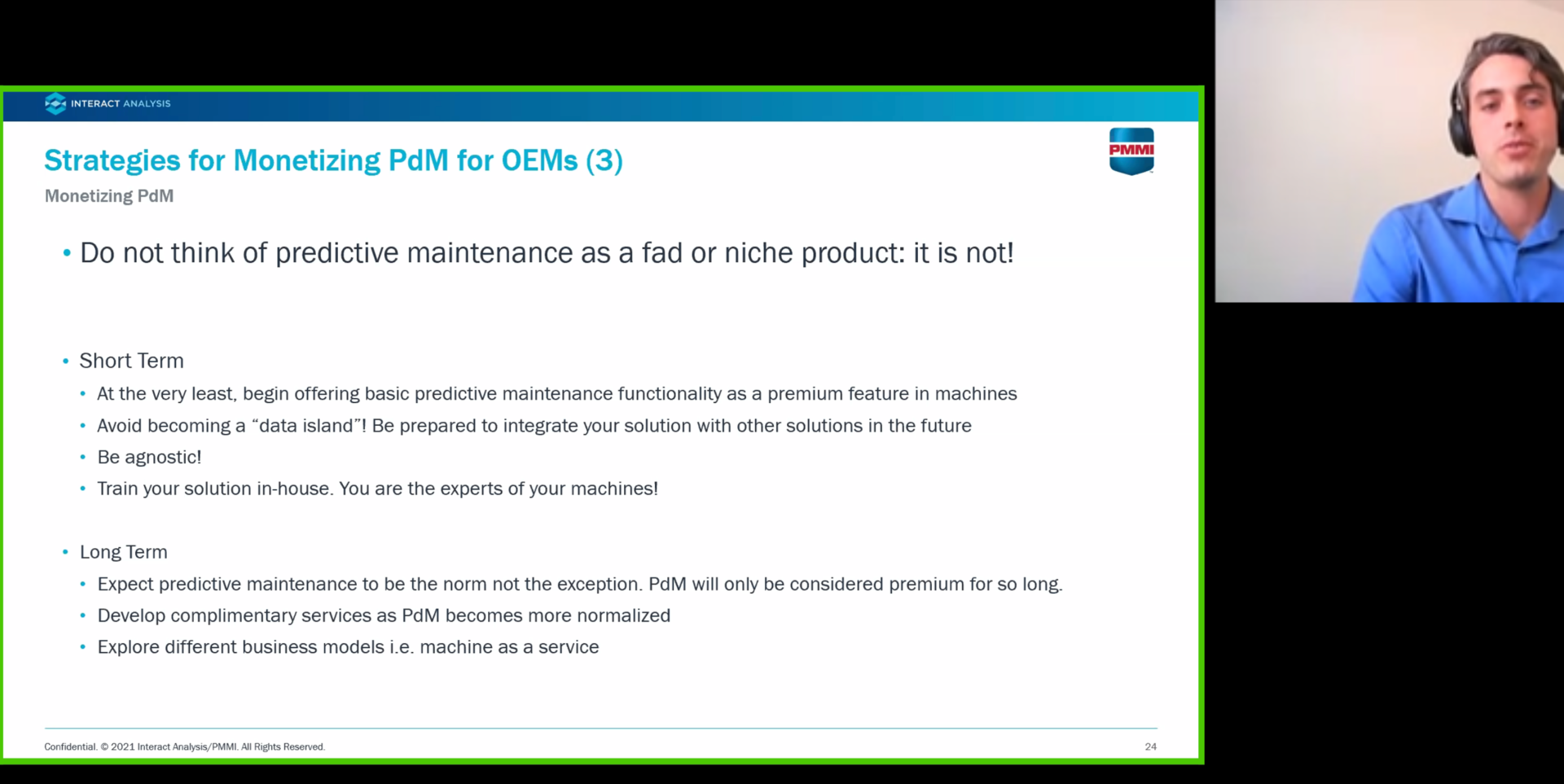 Blake Griffin, senior analyst, Interact Analysis presenting on predictive maintenance strategies at PMMI's Executive Leadership Conference.