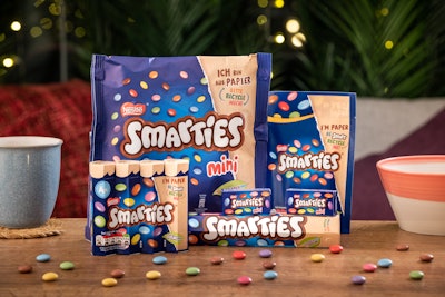 Among the new formats are a hexagonal paper tube for the Smarties Giant Tube, a multipack consisting of paper tubes held together with a label, a paper bag for small cartons of mini Smarties, and a stand-up pouch.