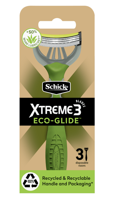 Schick's new Eco Glide razors' handle, and the packaging it comes in, is 100% recyclable and comes from 100% recycled material.