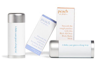 The Peach Body Care refill system comes in plastic-free, refillable body lotion and body balm stick formats that utilize clean and vegan formulas with 100% natural fragrances.
