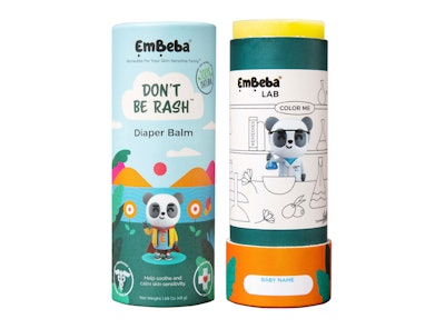 EmBeba is using a fiber-based, push-up tube for its debut product, Don't Be Rash Diaper Balm.