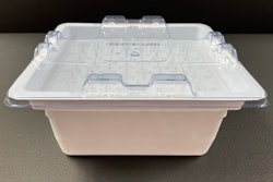 The new lid has a snap feature that holds it tightly in place because a robotic arm grabs the tubs by the lid at the vaccine filling plant.