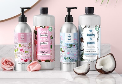 Love Beauty and Planet launched 16-oz reusable aluminum bottles and 32.3-oz 100% rPET refill bottles for two formulas of its shampoo and conditioner at Target in April 2021.