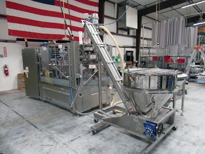 The rotary filling machine has two volumetric fillers and lets The GFB run about 25 packs/min.