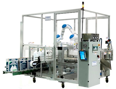 The Pakman from Proco Machinery Inc. can be integrated with a Yaskawa Motoman six-axis cobot and is designed for use in blow molded-bottle manufacturing lines.