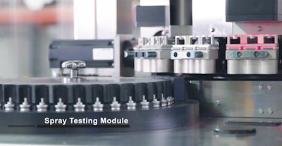 The Brooks Machine and Design Spray Testing Module primes and tests each individual canister for proper discharge.