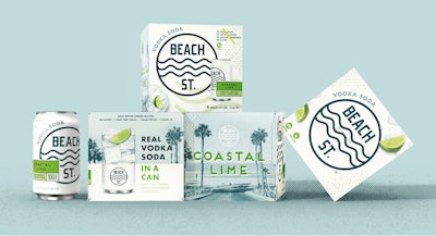 Groovy beach vibes and sun-drenched coastal signage inspire the look and feel of packaging for the new Beach St. Vodka Soda beverage.