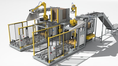 A new palletizing system from Quest, a ProMach brand, called the Boxed Bot, is available as a modular or skid-based solution.