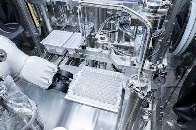 The filling process, performed by a peristaltic pump.