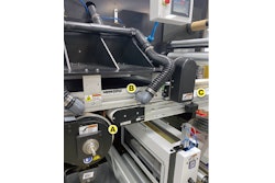 The stainless steel belt of the LasX digital laser system (A) delivers cut parts to the Dorner vacuum conveyor belt (B), which in turn deposits them on the Dorner discharge conveyor belt (C).