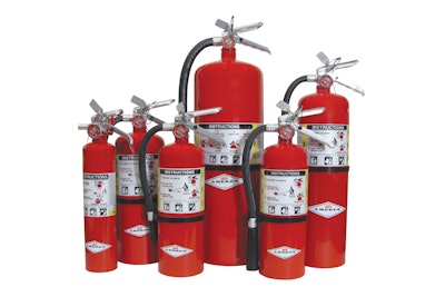 Labels on Amerex Corp.’s line of hand, portable, and wheeled fire extinguishers provide critical instructions on the type of fire the unit is designed to handle and how to operate the device.