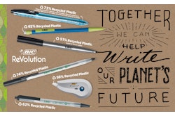 The new BIC ReVolution line is the brand’s first full range of eco-friendly stationery items, including ball pens, mechanical pencils, permanent markers, and correction tape.