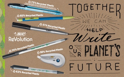The new BIC ReVolution line is the brand’s first full range of eco-friendly stationery items, including ball pens, mechanical pencils, permanent markers, and correction tape.