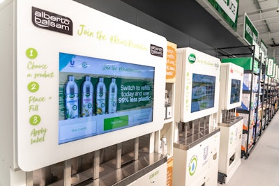 At Asda, Unilever’s refill stations are grouped in the store’s Refill Zone.