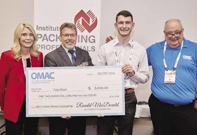 Stephanie Frisque, widow of John Kowal; Bryan Griffen, and OMAC Chairman Ron MacDonald of Nestle; present one of the first John A. Kowal Memorial Scholarships to Tyler Ebert.