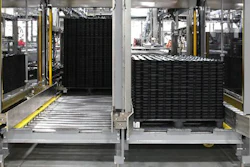 Six depalletizing stations confingured for man-operated or AGV forklift receive full cubes of product in WIP trays.