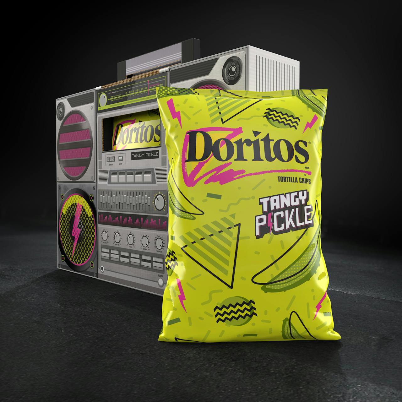 From flashy geometric shapes and lines to neon hues, Doritos' limited edition tangy pickle flavor design exudes the intensity for which Memphis Design is known.  Image credit: Doritos