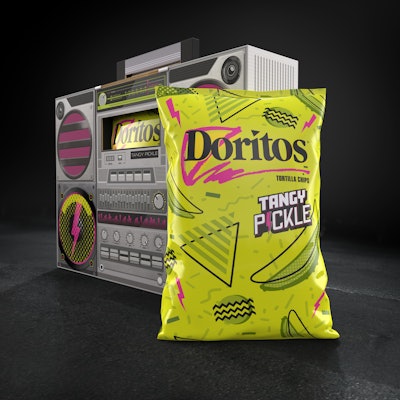 From the flashy, geometric shapes and lines to the neon colors, the design for Doritos limited-edition tangy pickle flavor gives off the intensity Memphis Design is known for. Image credit: Doritos
