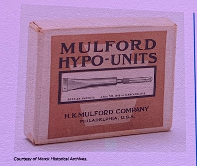 1912: James T. Greely invented the first real disposable syringes and patented their design in 1912. Merck legacy company H.K. Mulford used his patented technology for their Mulford Hypo-Units ready-to-use, sterile disposable syringes. They became ideal for use on the battlefield during World War I. (Credit: Merck Historical Archives)