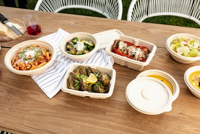 Shown here are a few of the compostable packages made by way of Zume's molded pulp technology.