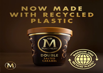 Unilever’s Magnum ice cream brand is the first in the category to use recycled plastic in its packaging. In August 2020, it rolled out 7 million tubs made from 100% certified circular PP throughout Europe.