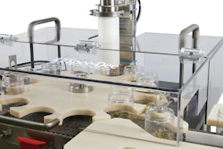 The tare gross weighing system accounts for variable-weight glass jars by weighing the empty jar, filling the jar with cannabis flower, weighing the filled jar, and finally validating the contents’ weight by comparing the feeding scale weight with the post-fill scale weight.