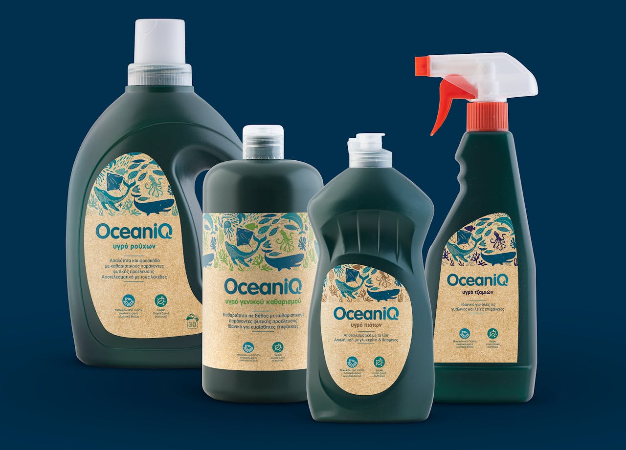 OceanIQ packaging is made from 100% recycled fishnets retrieved from oceans worldwide, with its packaging graphics instantly reflecting its brand purpose.