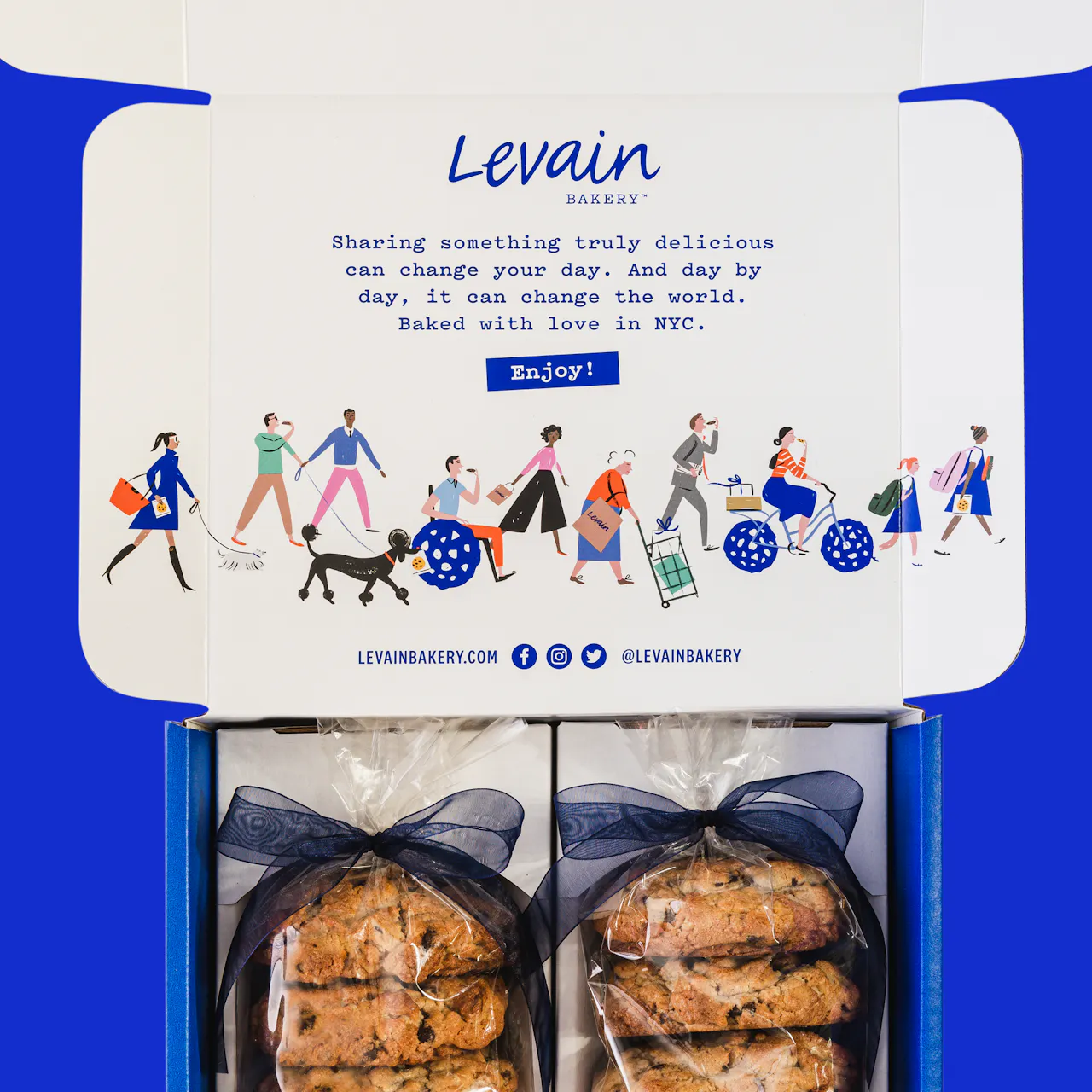 Levain Bakery’s e-comm packaging features a “cookie lover’s parade” illustration that includes a variety of characters of different ages, abilities, ethnicities, and genders.