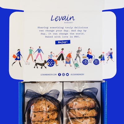 Levain Bakery’s e-comm packaging features a “cookie lover’s parade” illustration that includes a variety of characters of different ages, abilities, ethnicities, and genders.