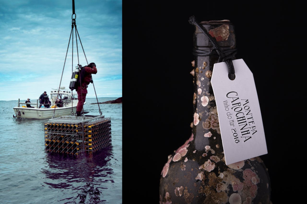 Submerged under water for a number of months, bottles for Vinho do Mar and Black Sea aged wines use packaging as a canvas to let nature make its mark.