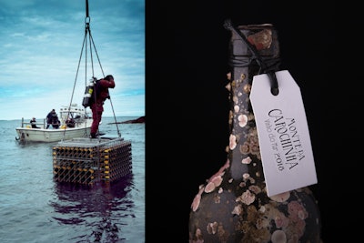 Submerged under water for a number of months, bottles for Vinho do Mar and Black Sea aged wines use packaging as a canvas to let nature make its mark.