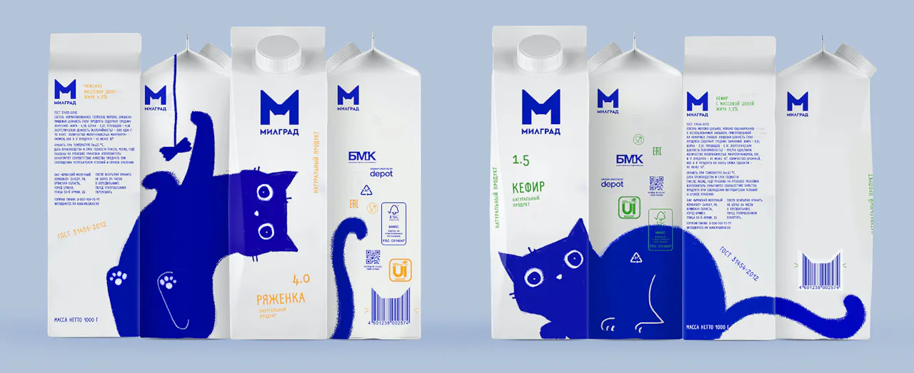 The blue cat on Milgrad’s dairy drink packaging delightfully wraps around the packaging designs and across the range.