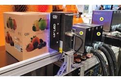 Mounted on a conveyor at PACK EXPO Las Vegas were three digital printing technologies from GSI: Colorize 360 (A), Colorize 180 (B), and NOLabel (C).