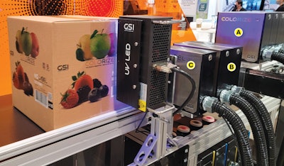 Mounted on a conveyor at PACK EXPO Las Vegas were three digital printing technologies from GSI: Colorize 360 (A), Colorize 180 (B), and NOLabel (C).