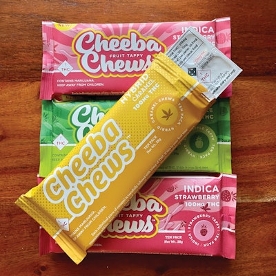 Cheeba Chews taffies use packaging that borrow from pharmaceutical and confectionery industries, including a blister pack with a child-resistant multi-layer foil and paper lidding.