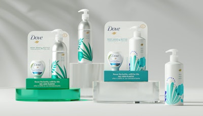 The Starter Kit for the Dove Reusable Body Wash Bottles + Concentrate Refills system comes with either an aluminum or a plastic bottle and one bottle of concentrate.