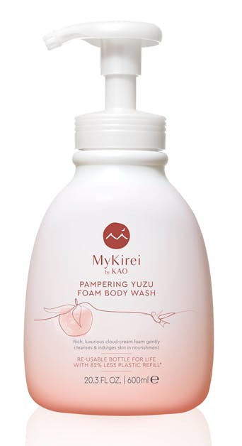 MyKirei Body Wash is offered in a reusable Bottle for Life. Combined with a refill pouch, it reduces plastic by more than 85% compared to traditional rigid bottles.