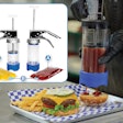 The FlexPrep portion-dispensing device is in action here in a foodservice setting. It uses pouches (inset image) with two coextruded transparent films (A) to form the pouch body, and a blue spout (B) for pressure-based dispensing.
