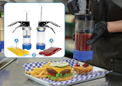 The FlexPrep portion-dispensing device is in action here in a foodservice setting. It uses pouches (inset image) with two coextruded transparent films (A) to form the pouch body, and a blue spout (B) for pressure-based dispensing.