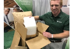 Veritiv's Kip Thompson demonstrates the starch-based panels used to maintain the cold chain for food in e-comm, such as meal kits.