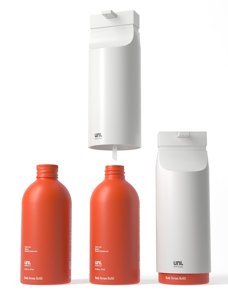To use the product, consumers remove the cap on the refill bottle and twist the container onto the reusable dispenser.