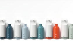 Five unisex products make up the Uni line: (from l. to r.) a shampoo, conditioner, body wash, body serum, and hand wash.