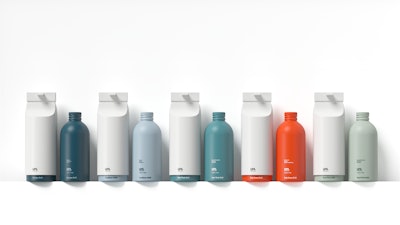 Five unisex products make up the Uni line: (from l. to r.) a shampoo, conditioner, body wash, body serum, and hand wash.