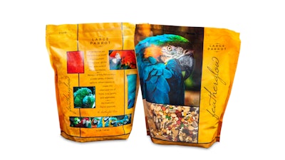 This bag immediately draws attention with its vibrant colors and captivating image of a blue-and-gold macaw, and a see-through window allows shoppers to ensure the product is fresh and pest-free.