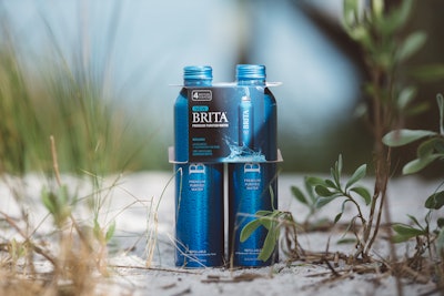 Brita Premium Purified Water for retail is packaged in an aluminum bottle with a paperboard carrier for its multipacks.