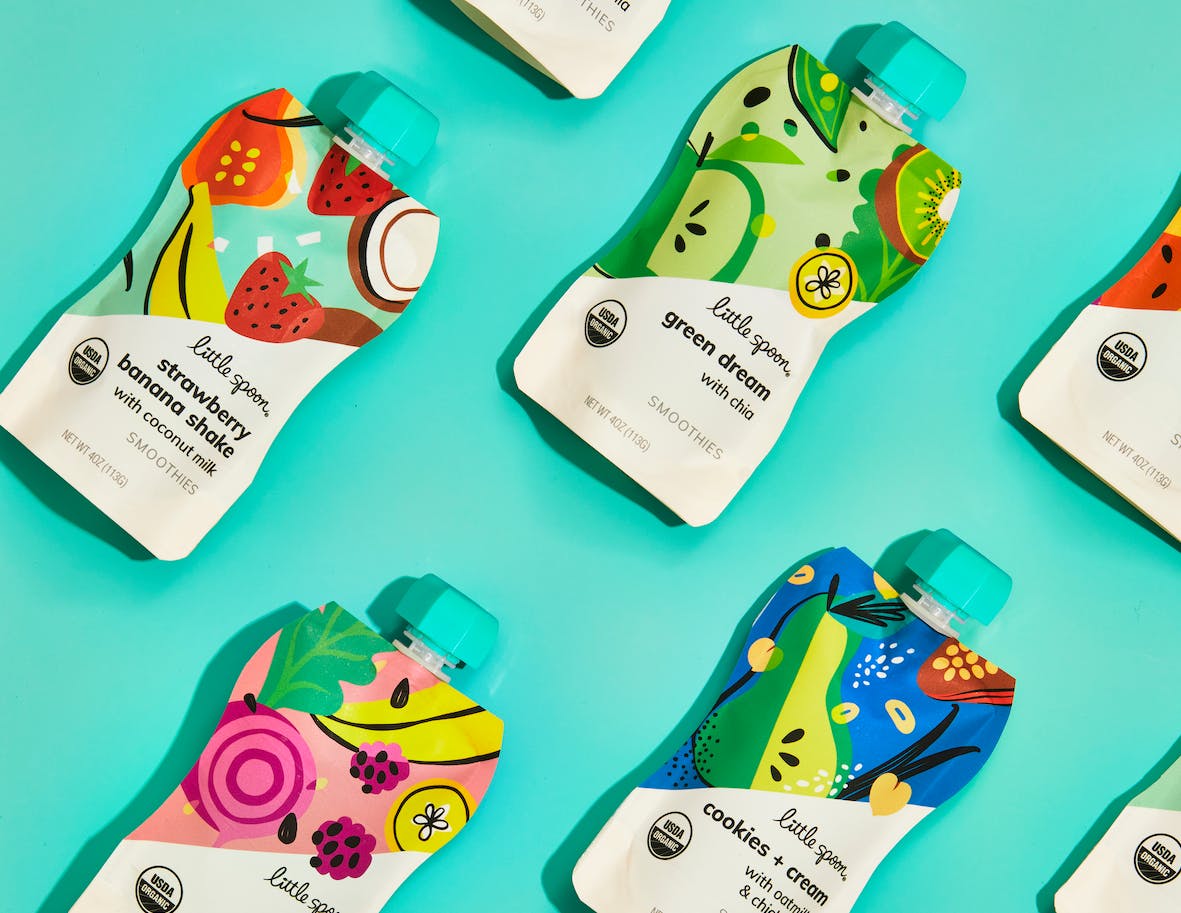 Little Spoon’s new organic, cold-pressed smoothies come in flexible pouch packaging, for on-the-go consumption.