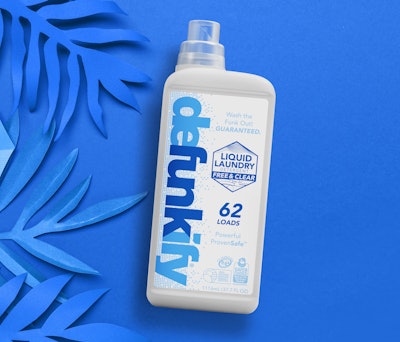 Currently Defunkify’s packaging for its liquid laundry detergent products consists of high-density polyethylene bottles made with 25% post-consumer recycled material.