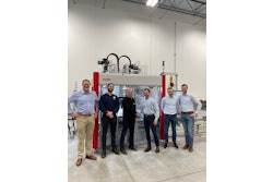 Celebrating the first Factory Acceptance Test is, from left to right: Ryan Schumacher, SOMIC Packaging’s East coast sales manager; Jason Unanue, project manager and Disney Arrubla, Engineering Director for GOYA Foods; SOMIC Packaging CEO Peter Fox; Lukas Ruhland, SOMIC’s Installations manager; and Benedikt Englbrechtinger, SOMIC’s Manufacturing Ramp-Up manager.